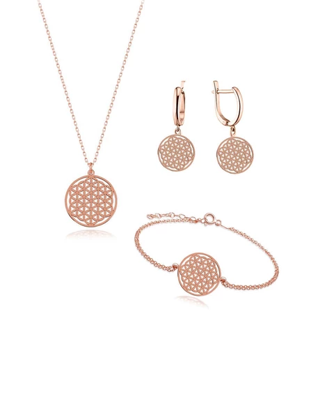 Rose Gold Gümüş Yaşam Çiçeği Kadın Kolye Küpe Bileklik Seti ürün görseli 1