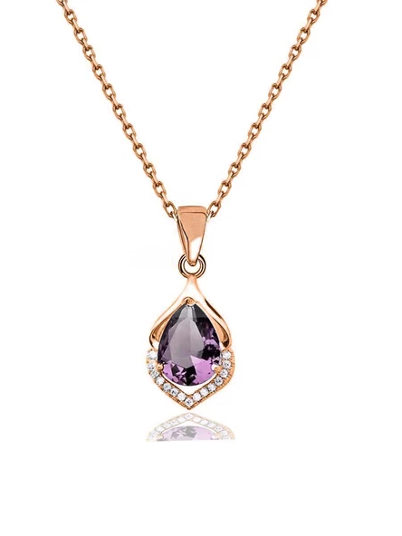 Rose Gold Ametist Taşlı Su Damlası Kadın Gümüş Kolye ürün görseli 1