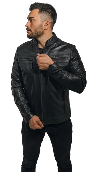 Büyük Beden Hakiki Deri Erkek Ceket Siyah Spor Kesim Dik Yaka Bright  Siyah 7XL ürün görseli 1