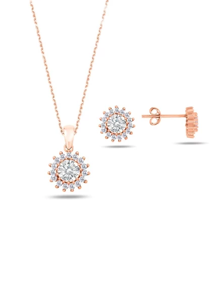 Rose Gold Zirkon Taşlı Kadın Kolye Küpe Seti ürün görseli 1