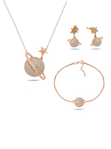 Rose Gold Gümüş Gezegen Kadın Kolye Küpe Bileklik Seti ürün görseli 1