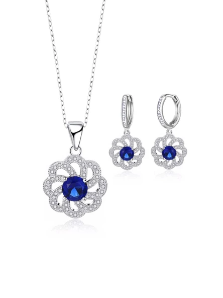 Gümüş Lüks Mavi Safir Taşlı Çiçek Model Kadın Kolye Küpe Set ürün görseli 1