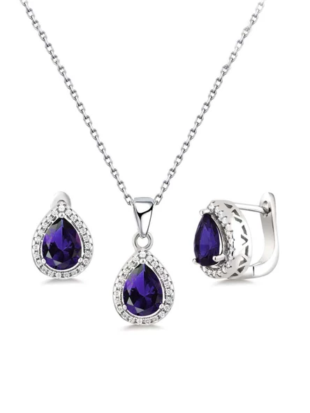 Damla Model Safir Mavisi Zirkon Taşlı Gümüş Kadın Kolye Küpe Seti ürün görseli 1