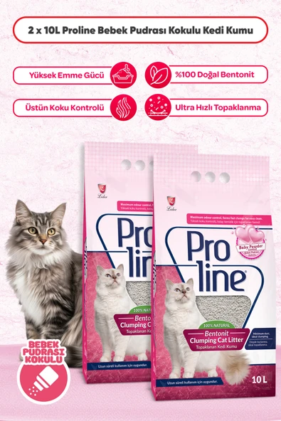 Proline Bebek Pudrası Kokulu Ince Tane Topaklanan Kedi Kumu 10 Lt X 2 Adet ürün görseli 1
