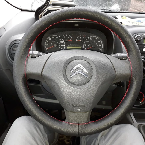 DİKİŞLİ DİREKSİYON KILIFI SİYAH DERİ KIRMIZI DİKİŞLİ CITROEN NEMO İÇİN ürün görseli 1
