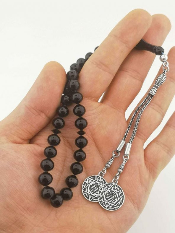 Mührü Süleyman Gümüş Püsküllü Sıkma Kehribar Tesbih ürün görseli 1
