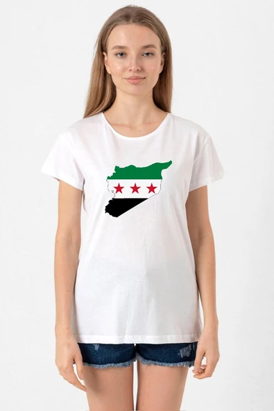 Suriye Yeni Bayrak Beyaz Kadın Bisikletyaka Tshirt ürün görseli 1