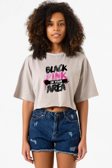 Black Pink In Your Area Taş Rengi Kadın Crop Kapşonlu ürün görseli 1