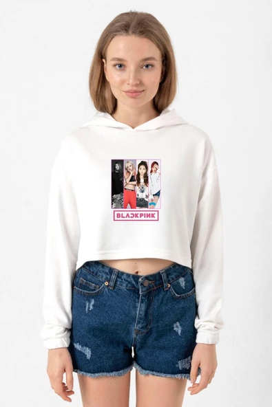 Black Pink Band Ekru Kadın Crop Kapşonlu ürün görseli 1