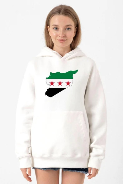 Suriye Yeni Bayrak Beyaz Kadın 3ip Kapşonlu Sweatshirt ürün görseli 1