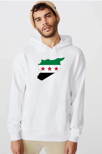 Suriye Yeni Bayrak Beyaz Erkek 3ip Kapşonlu  Sweatshirt ürün görseli 1