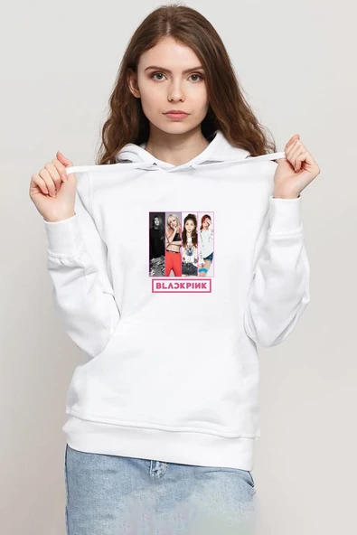 Black Pink Band Beyaz Kadın 3ip Kapşonlu Sweatshirt ürün görseli 1