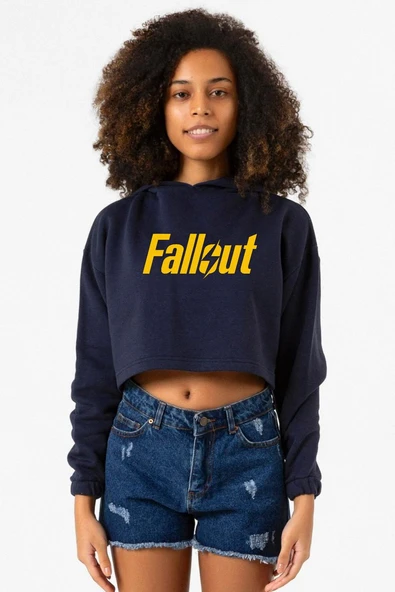 Fallout Lettern Lacivert Kadın Crop Kapşonlu ürün görseli 1