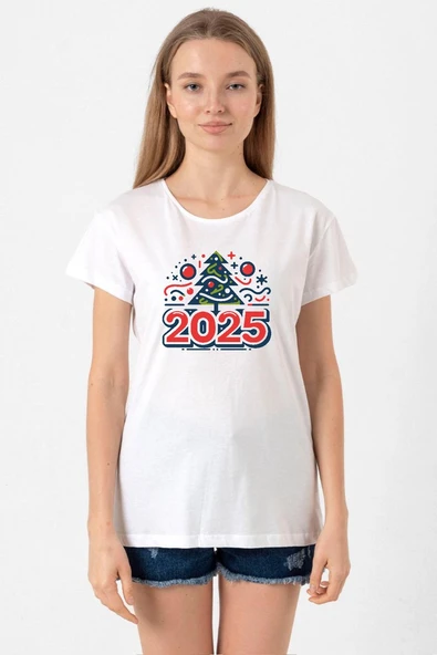 Happy New Year 2025 Essential Beyaz Kadın Bisikletyaka Tshirt ürün görseli 1