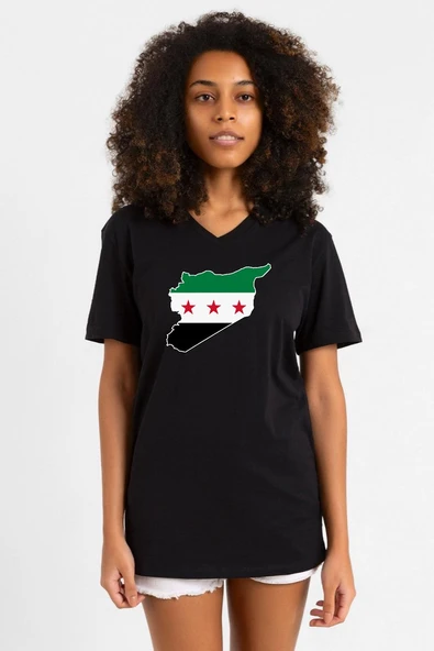 Suriye Yeni Bayrak Siyah Kadın V yaka Tshirt ürün görseli 1