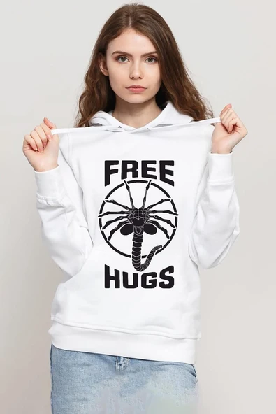 Free Facehugger Hugs Beyaz Kadın 3ip Kapşonlu Sweatshirt ürün görseli 1