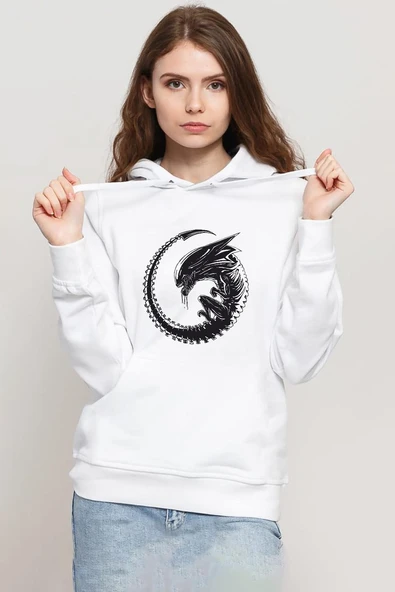 Allien Xenomorph Beyaz Kadın 3ip Kapşonlu Sweatshirt ürün görseli 1