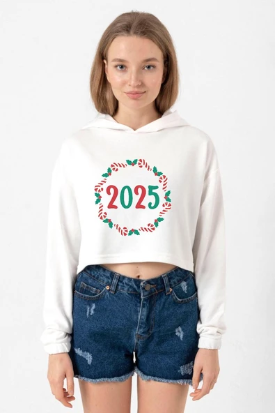 Christmas Holiday Wreath Ekru Kadın Crop Kapşonlu ürün görseli 1