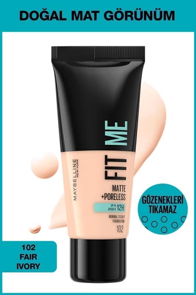 Maybelline New York Fit Me Matte+Poreless Fondöten - 102 Fair Ivory ürün görseli 1
