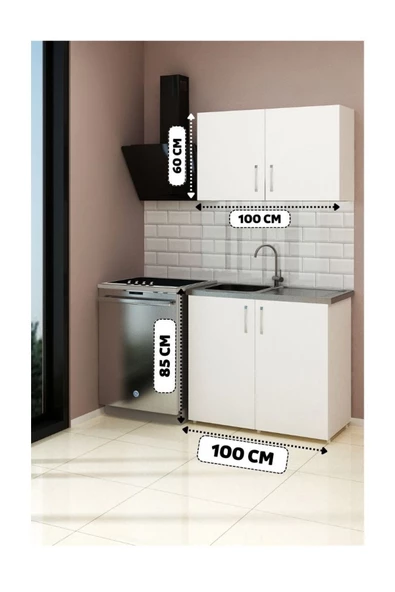 Fly Mobilya 100 cm Mini Çelik Evyeli Mutfak Dolabı Alt Üst Seti, Minimalist Modern Mutfak Ünitesi ürün görseli 1