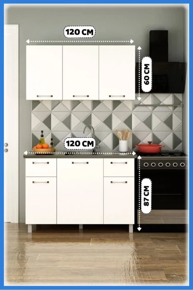 Fly Mobilya 120 cm Panovit Mini Evyeli Mutfak Beyaz Modern Mutfak Ünitesi Çelik Evyeli Mutfak Dolabı Seti ürün görseli 1