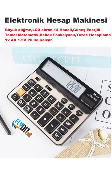 Büyük Düğme Elektronik Hesap Makinesi 14 Haneli  Temel Matematik  Bellek  Güneş Enerji  Yüzde Hesap ürün görseli 1