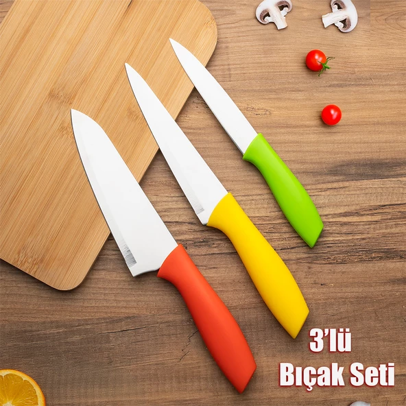 Porsima 3155 - 3'lü Bıçak Seti Meyve, Et Doğrama Bıçağı Şef Bıçakları Kaliteli Sağlam Bıçaklar 28 x 27.5 x 22 Sarı-Turuncu-Yeşil ürün görseli 1