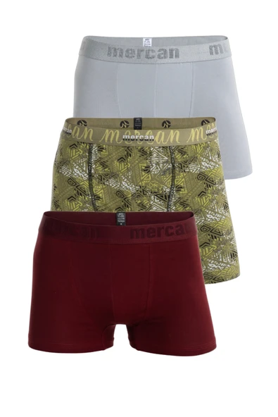 Mercan Erkek Çok Renkli 3'lü Likralı Pamuklu Boxer (BORDO GRİ TILSIM) ürün görseli 1