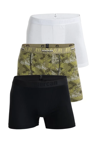 Mercan Erkek Çok Renkli 3'lü Likralı Pamuklu Boxer (BEYAZ SİYAH TILSIM) ürün görseli 1