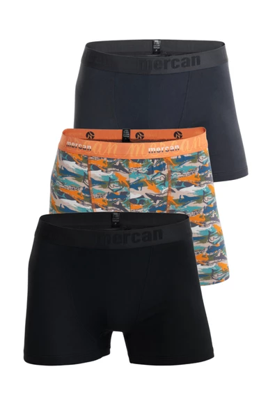 Mercan 3'lü Erkek Çok Renkli Pamuklu Likralı Boxer (SİYAH ANTRASİT SHARK) ürün görseli 1