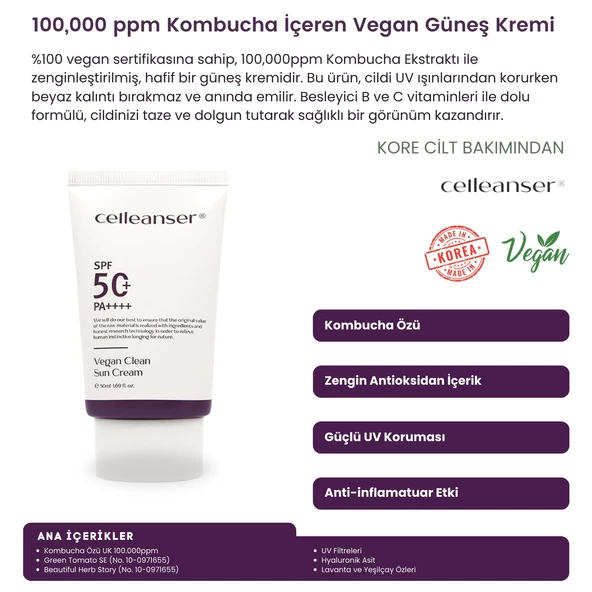 CELLEANSER Vegan Güneş Kremi - 100.000 Ppm Kombucha Içeren Nemlendirici Ve Antioksidan Güneş Kremi ürün görseli 1