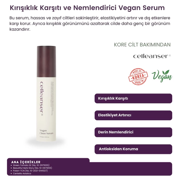 CELLEANSER Yaşlanma Karşıtı, Nemlendirici, Bariyer Onarıcı, Besleyici, Antioksidan Vegan Yüz Serumu ürün görseli 1
