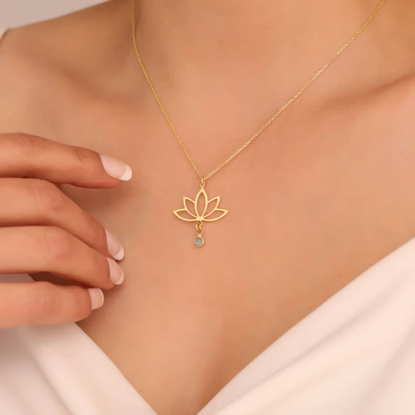 925 Ayar Gümüş Mavi Sallantılı Taşlı Lotus Kolye ürün görseli 1