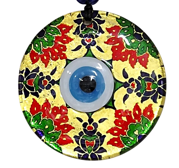 Kırmızı Çiçekli Nazar Boncuklu Altın Rengi Füzyon Cam 12 cm Duvar Süsü ürün görseli 1