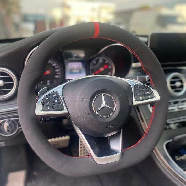 DİKİŞLİ DİREKSİYON KILIFI NUBUK  DERİ KIRMIZI YÜZÜK/DİKİŞ MERCEDES  İÇİN ürün görseli 1