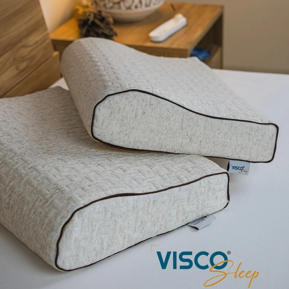 Visco Yastık Ortopedik Boyun Destekli Yastık Aylona Doğal Keten Kılıflı Yastık 55x35x11-7 cm ürün görseli 1