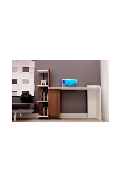Tdesigno Venedik Kitaplıklı Çalışma Masası 117 Cm Ceviz Beyaz ürün görseli 1