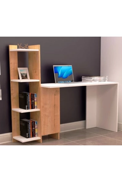 Tdesigno Venedik Kitaplıklı Çalışma Masası 117 Cm Safir Meşe Beyaz ürün görseli 1