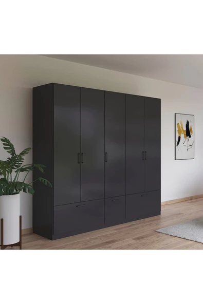 Tdesigno Alev Giyinme Dolabı - Çok Amaçlı Dolap - Gardırop 225 Cm-5 Kapaklı-3 Çekmeceli ürün görseli 1