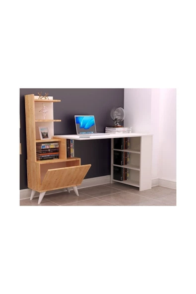 Tdesigno Ibizia Kitaplıklı Çalışma Masası 155 Cm Safir Meşe Beyaz ürün görseli 1