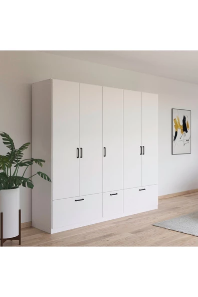 Tdesigno Alev Giyinme Dolabı - Çok Amaçlı Dolap - Gardırop 225 Cm-5 Kapaklı-3 Çekmeceli ürün görseli 1