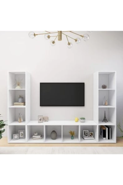 Tdesigno Tdesıgno Yigit Kitaplıklı Televizyon Sehpası - Ünitesi -kitaplık-beyaz 180 Cm 12 Raflı ürün görseli 1