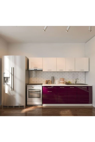 Tdesigno Nisan Hazır Mutfak Dolabı 260 Cm - Parlak Mürdüm Ve Beyaz - Tezgah Dahil Değil ürün görseli 1