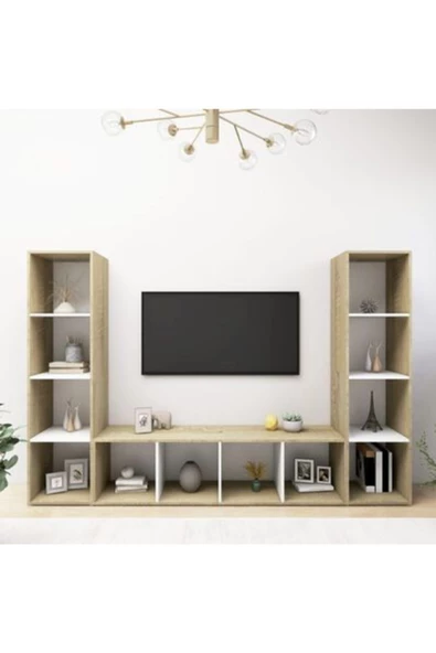 TDESIGNO ER KİTAPLIKLI TELEVİZYON SEHPASI  ÜNİTESİ KİTAPLIK MEŞE BEYAZ 180 CM 12 RAFLI ürün görseli 1
