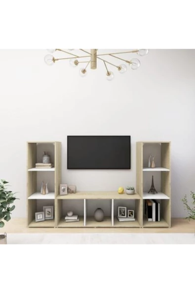 Tdesigno Deren Kitaplıklı Televizyon Sehpası Ünitesi Meşe Beyaz 150 cm 9 Raflı ürün görseli 1
