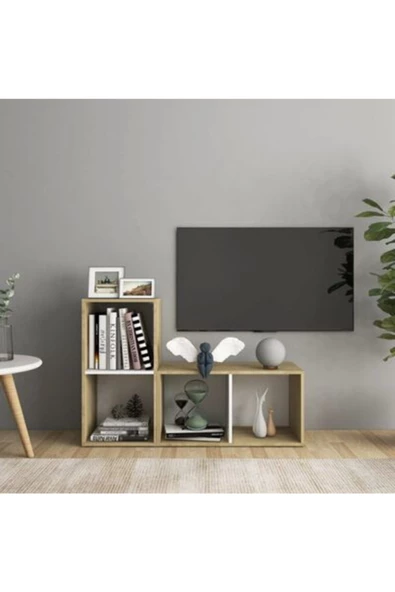Tdesigno Tdesıgno Maya Kitaplıklı Televizyon Sehpası Ünitesi Kitaplık Meşe Beyaz 90 cm 4 Raflı ürün görseli 1