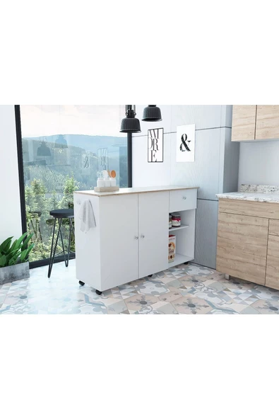 Tdesigno Alya Mutfak Adası Alt Modül 120 cm Beyaz Tezgah Dahil-Tekerlekli ürün görseli 1