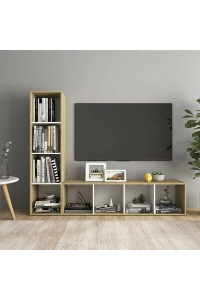 Tdesigno Tdesıgno Rengul Kitaplıklı Televizyon Sehpası - Ünitesi -kitaplık Meşe-beyaz 150 Cm 8 Raflı ürün görseli 1