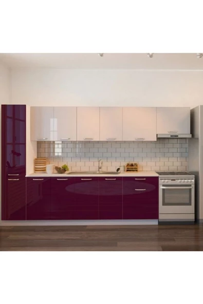 Tdesigno Verda Hazır Mutfak Dolabı Kiler Dahil 320cm parlak Mürdüm Beyaz / Tezgah Dahil Değil ürün görseli 1