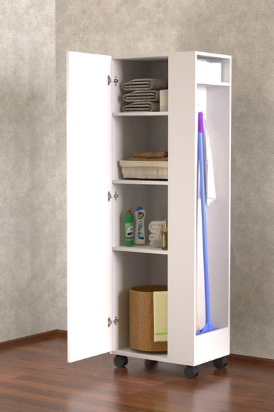Tdesigno Burçin Paspas,Süpürge-Temizlik Malzeme Dolabı- Çok Amaçlı Dolap Paspas-Vileda Banyo Dolabı Beyaz ürün görseli 1